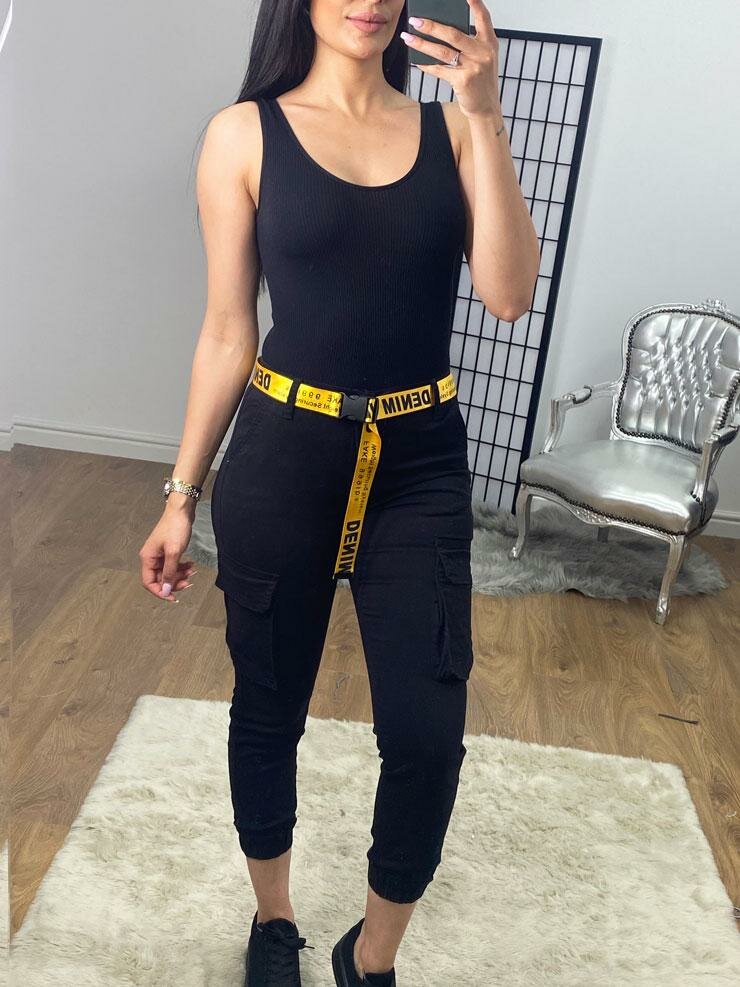 Junita Black High Waist Belt Detail Cargo Trousers