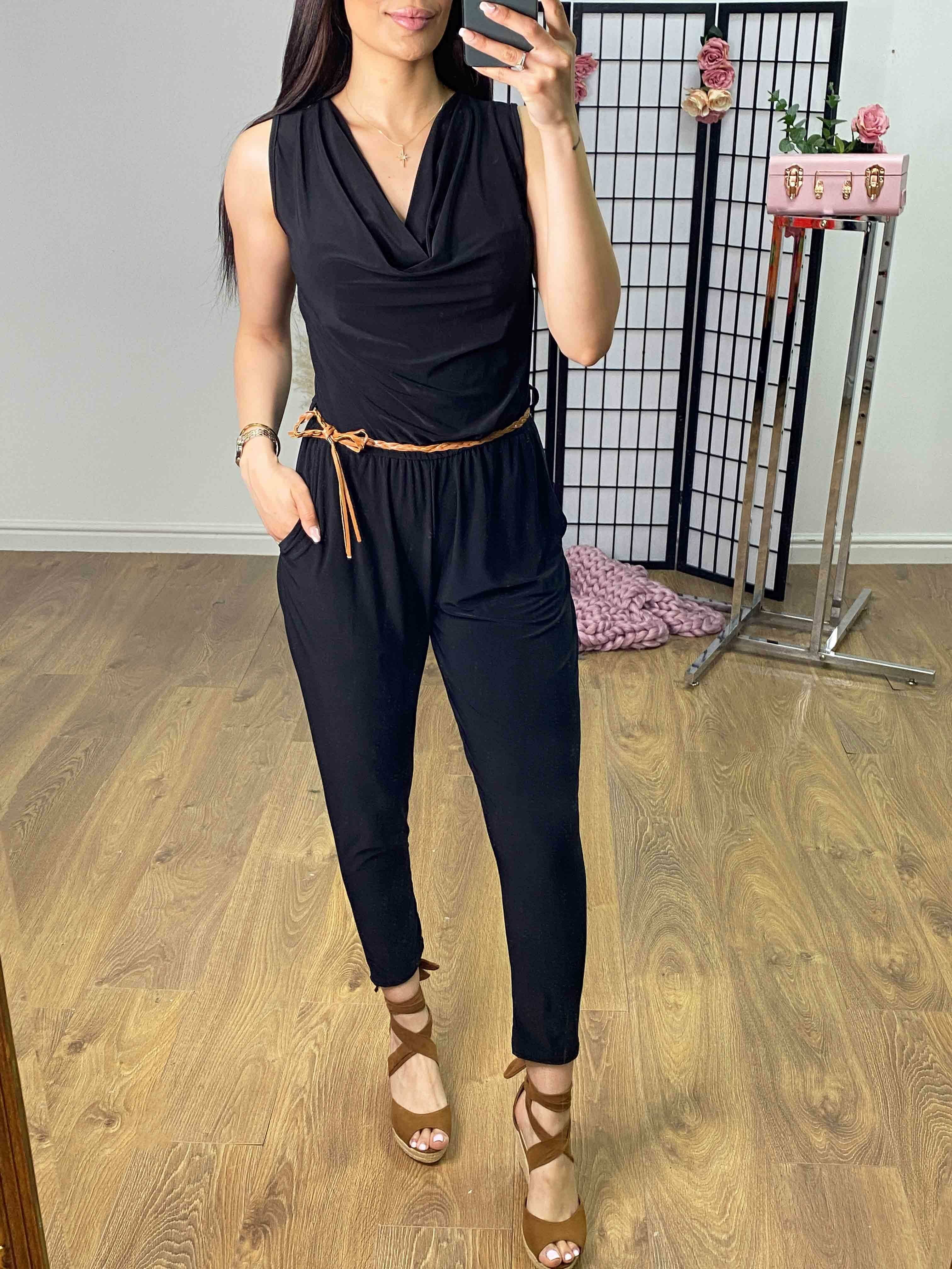 Lunita Stretch Drape Neck Belted Jumpsuit