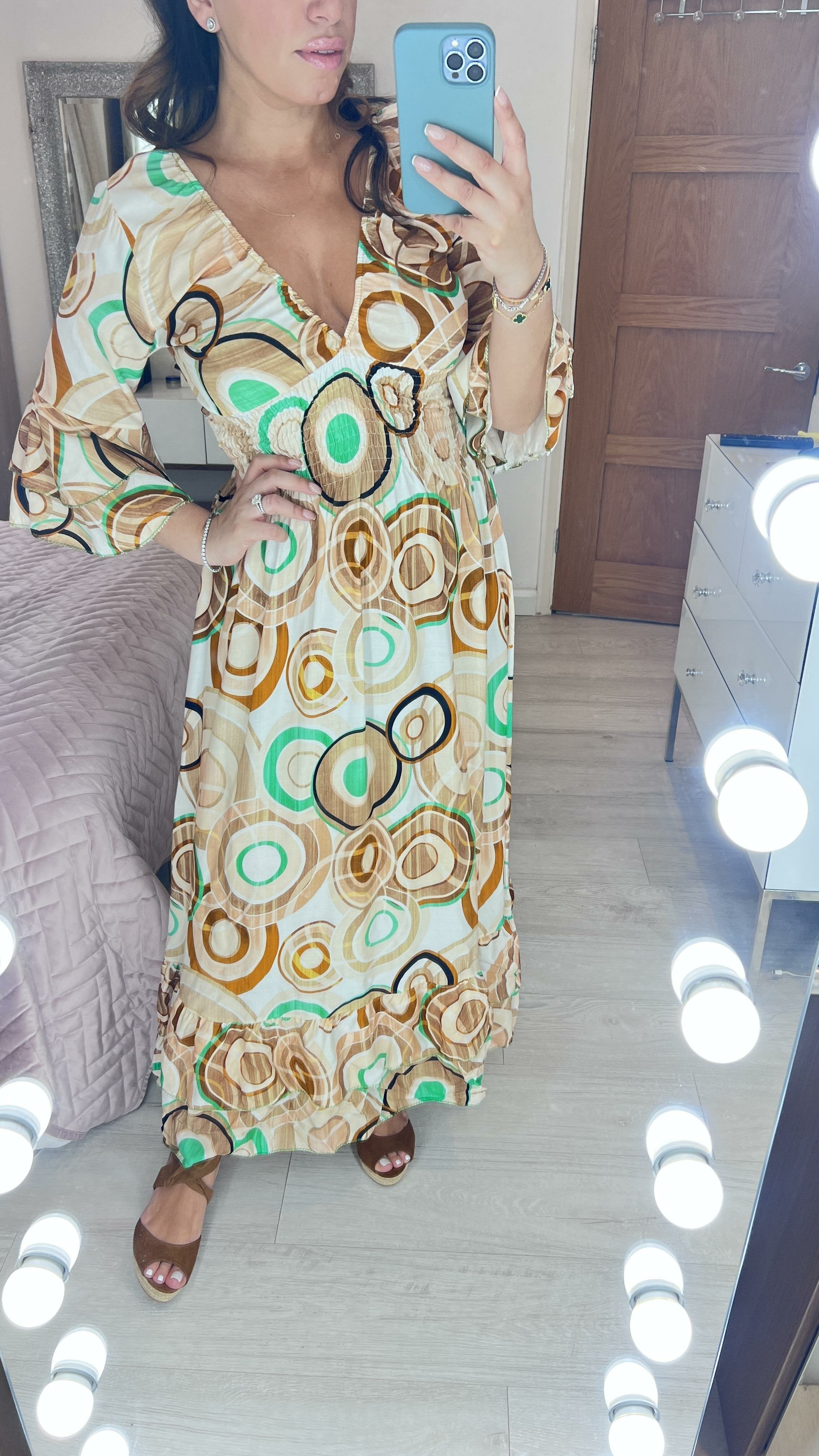 Brava Swirl Print Ruffle Hem Maxi Dress