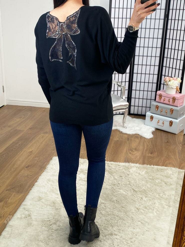 Brayden Lace Bow Back Diamante Zip Knitted Jumper