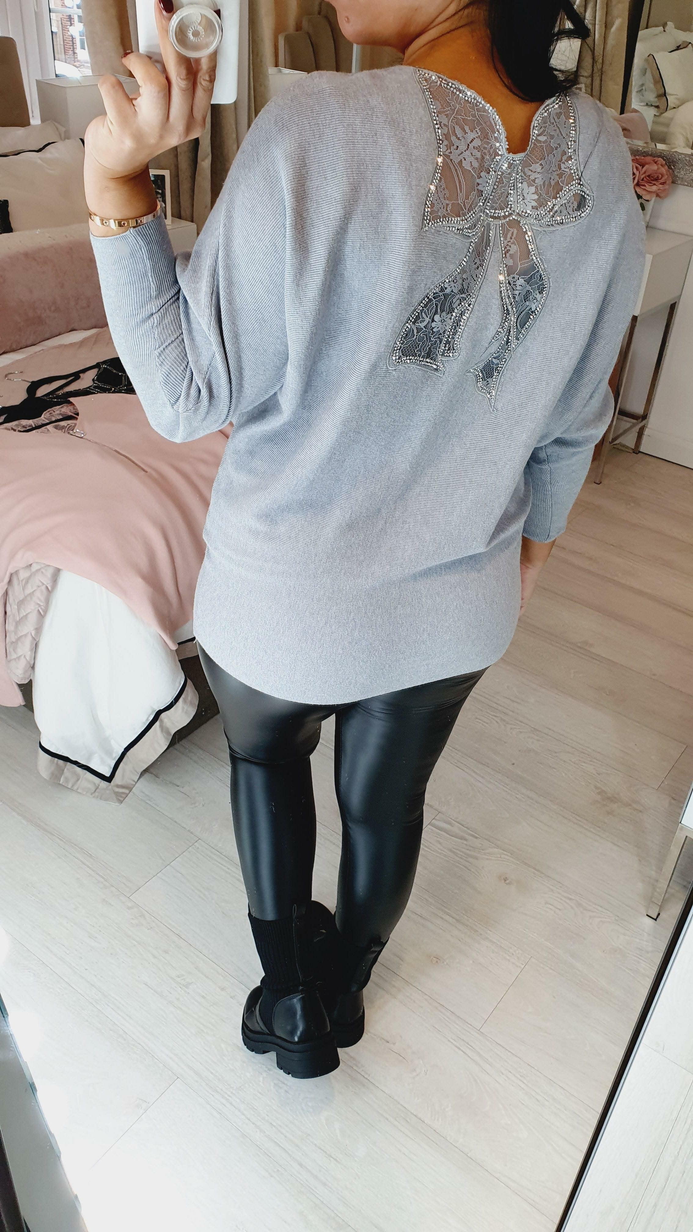 Brayden Lace Bow Back Diamante Zip Knitted Jumper