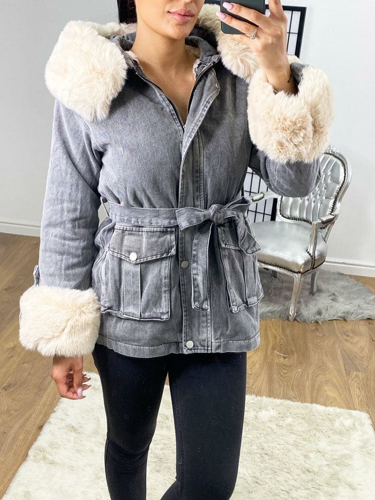 Bronson Dark Grey Denim Faux Fur Hooded Jacket