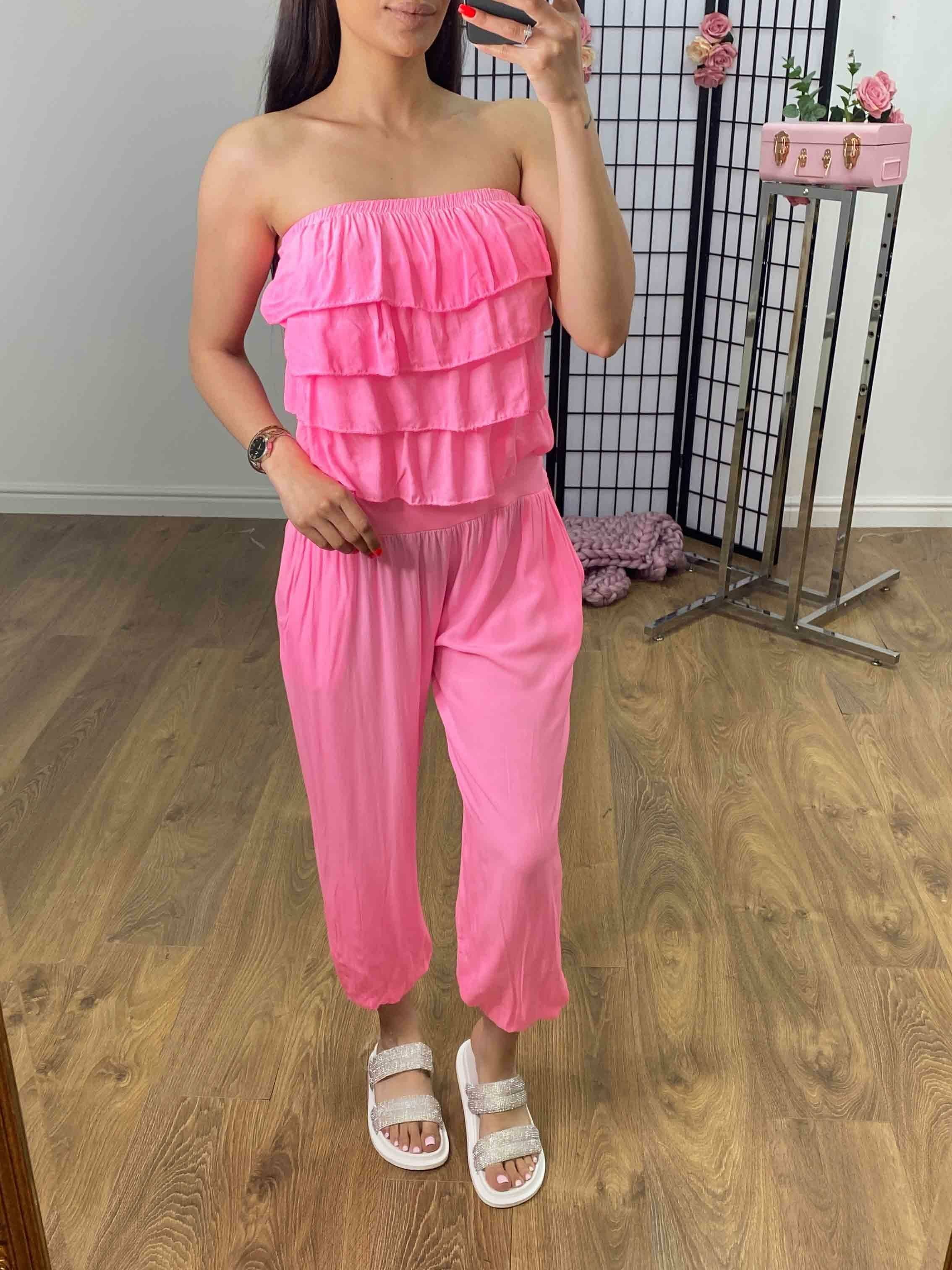 Celina Neon Ruffle Bardot Elasticated Jumpsuit