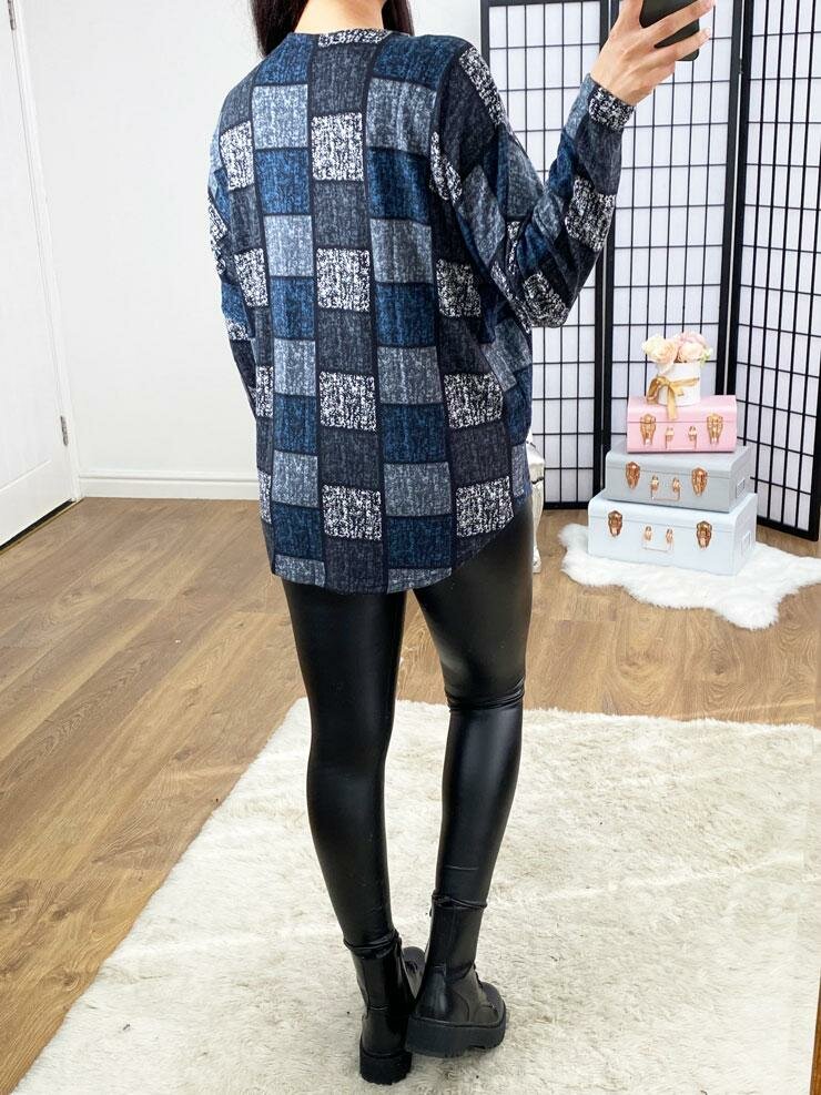 Charon Navy Square Printed Zip Detailed Thin Knit