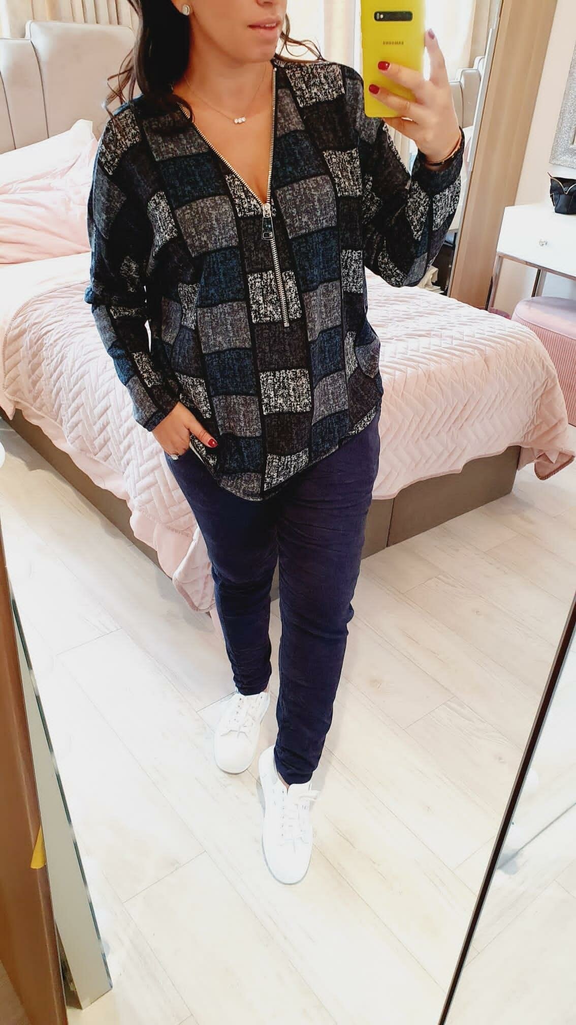 Charon Navy Square Printed Zip Detailed Thin Knit