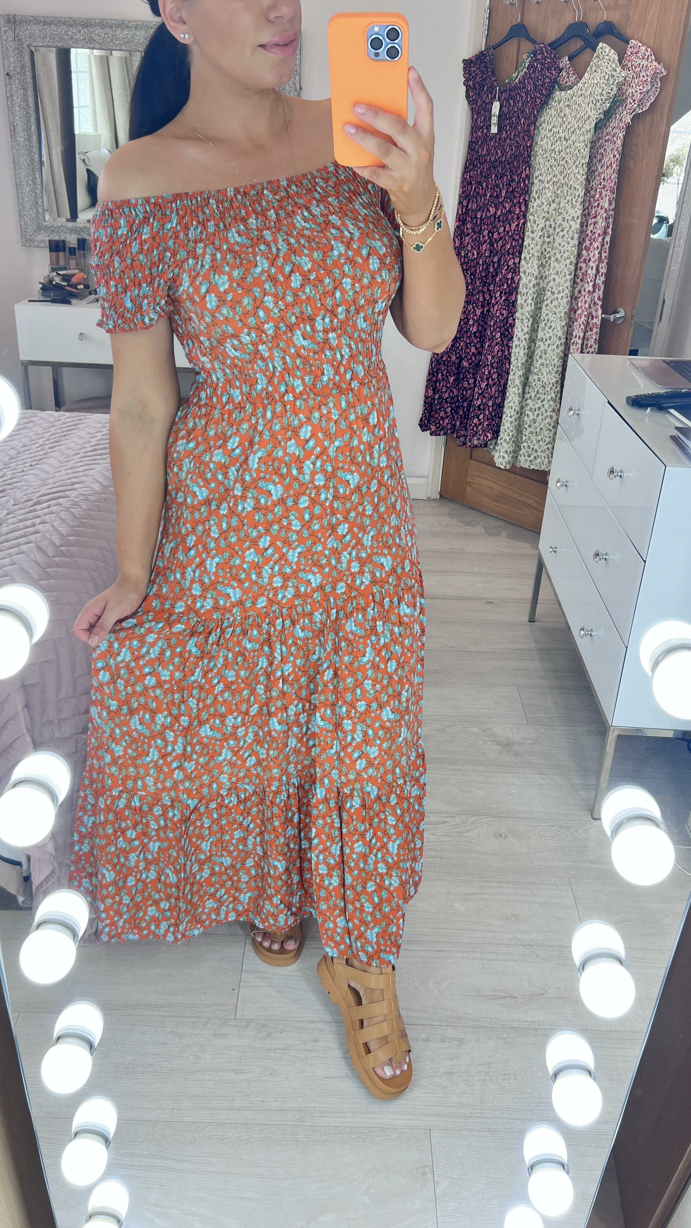 Ciara Rust Floral Print Shirred Bardot Maxi Dress