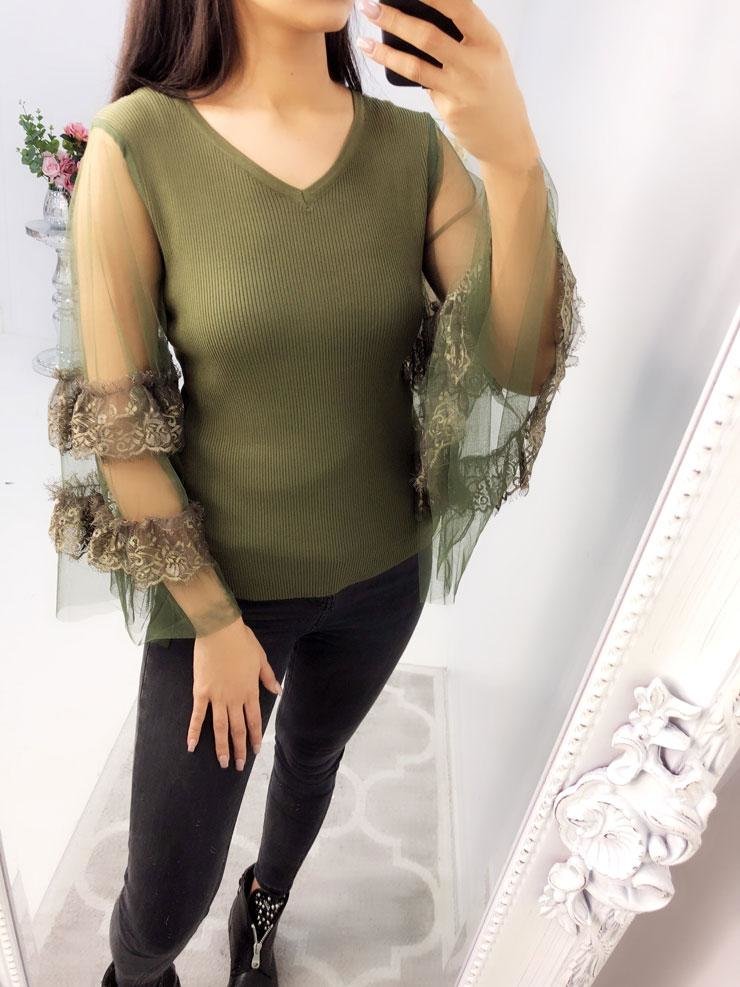 Dayley Lace Mesh Bell Sleeve Knitted Ribbed Jumper