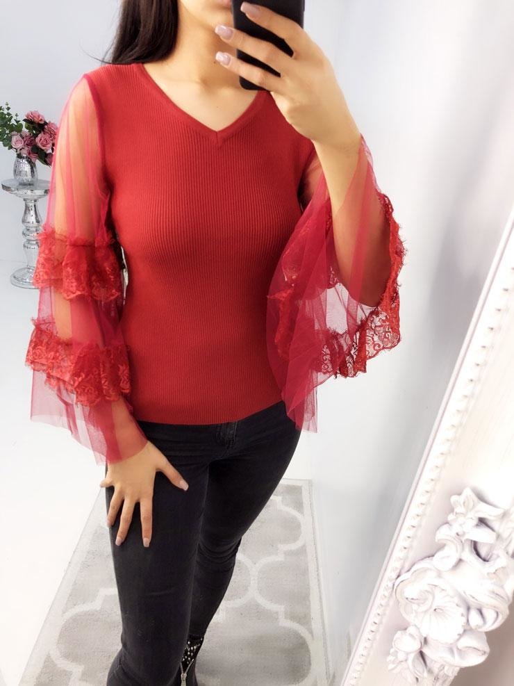 Dayley Lace Mesh Bell Sleeve Knitted Ribbed Jumper