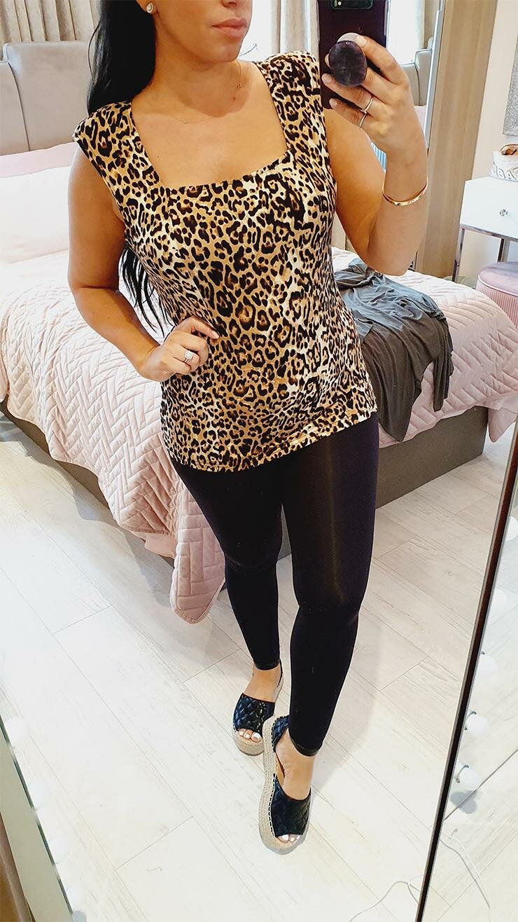 Diem Leopard Padded Shoulder Detail Square Neck Vest Top