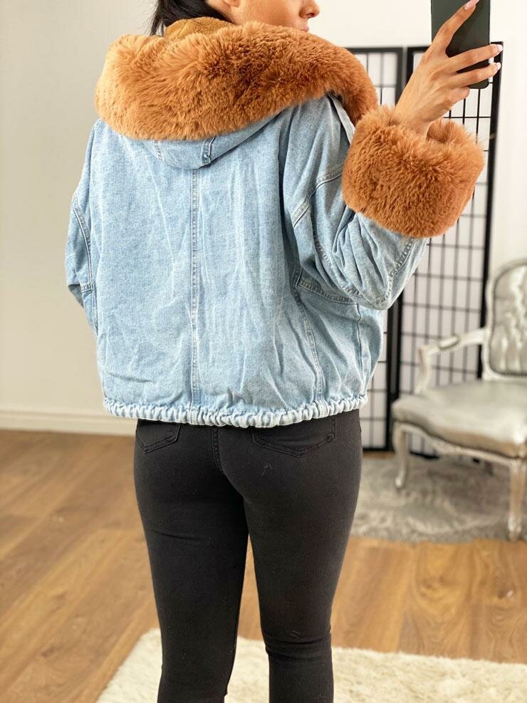 Carolana Denim With Tan Faux Fur Hooded Coat
