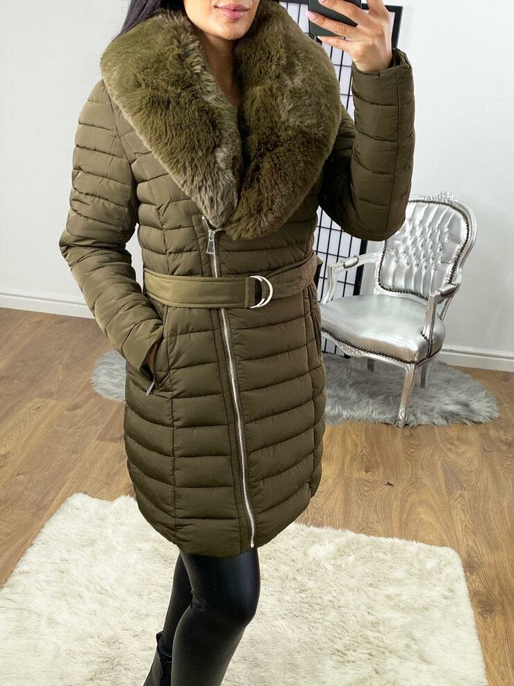 Dez Khaki Faux Fur Collar Belt Coat