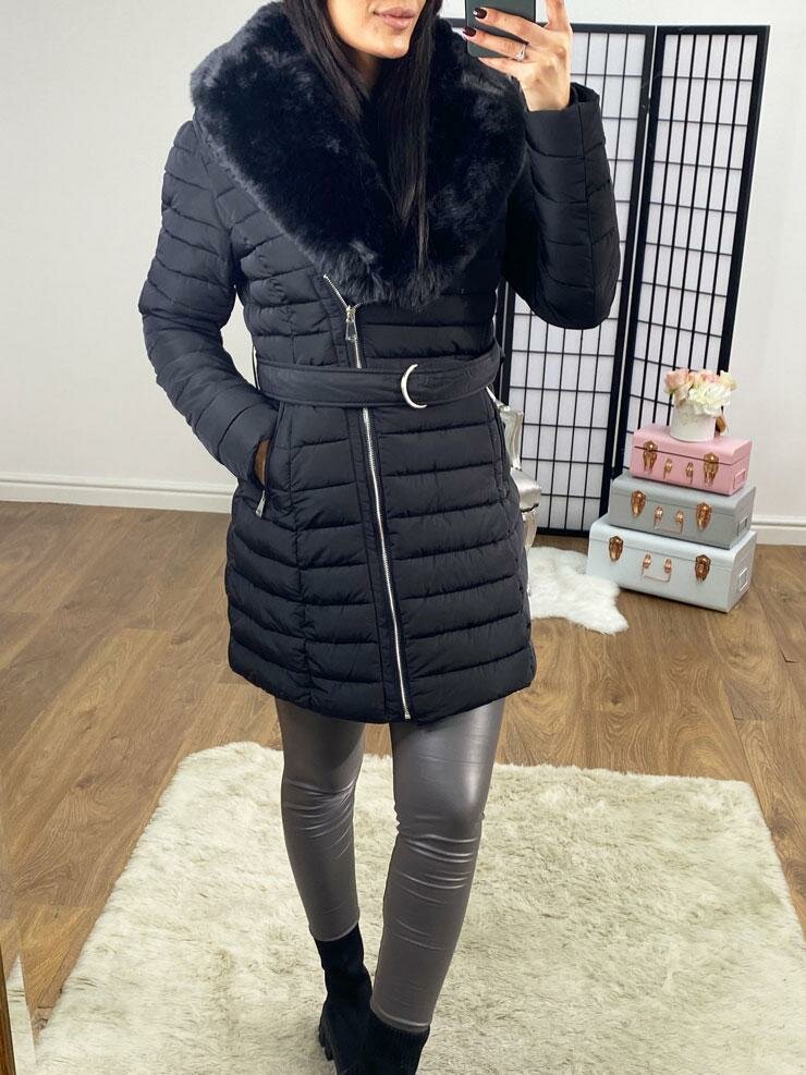 Dez Black Faux Fur Collar Belt Coat