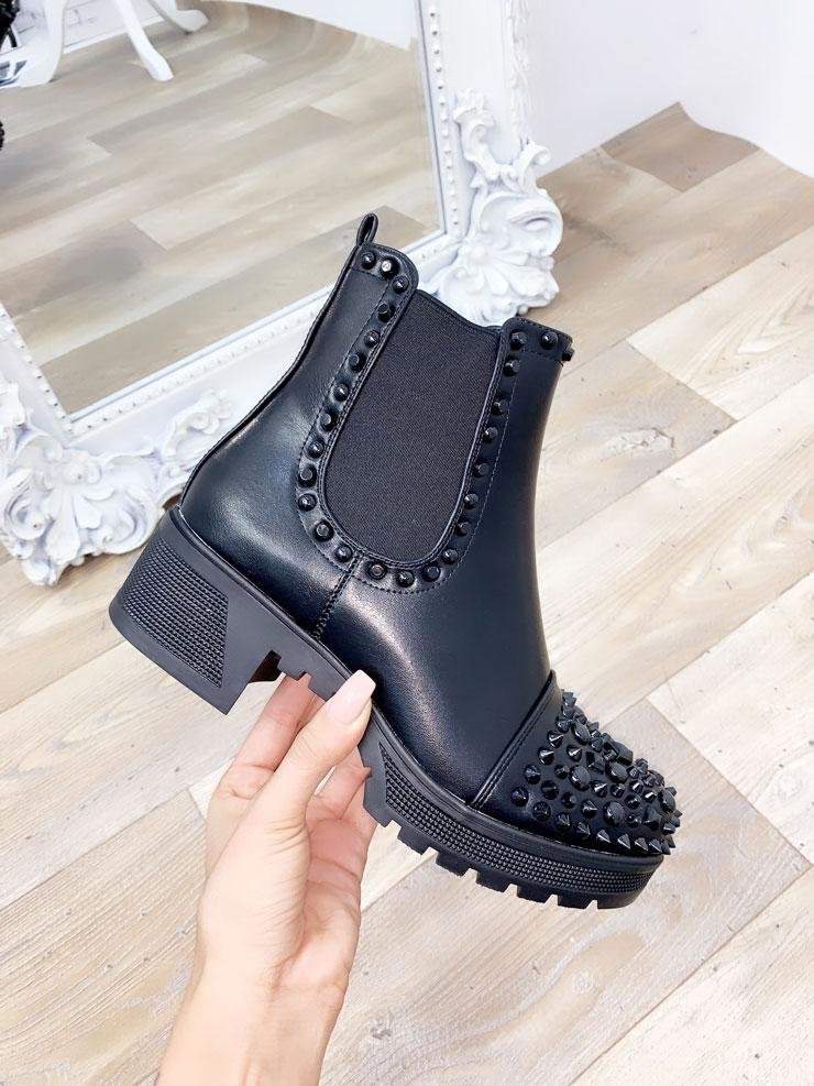 Dione Black Faux Leather Studded Biker Boots
