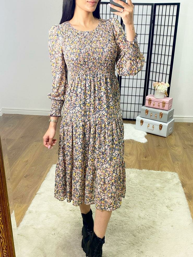 Kirsty Navy Paisley Print Elasticated Tiered Midi Dress