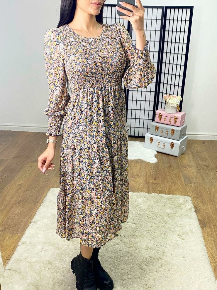 Kirsty Navy Paisley Print Elasticated Tiered Midi Dress