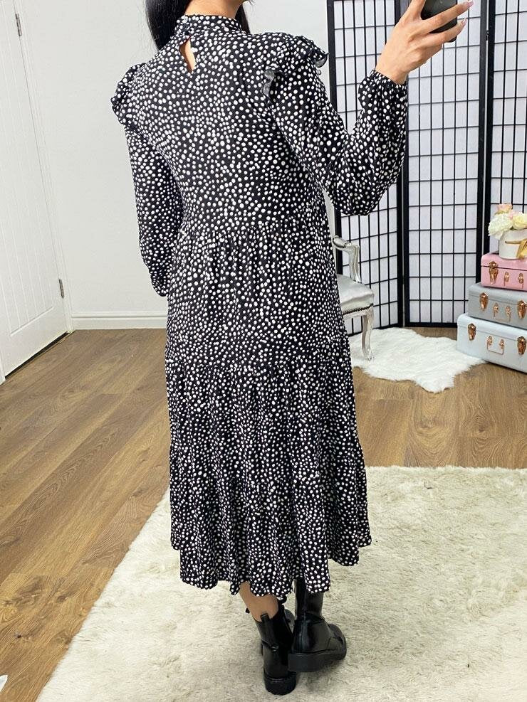 Dulcy Black Polka Dot Ruffle Detailed Swing Dress