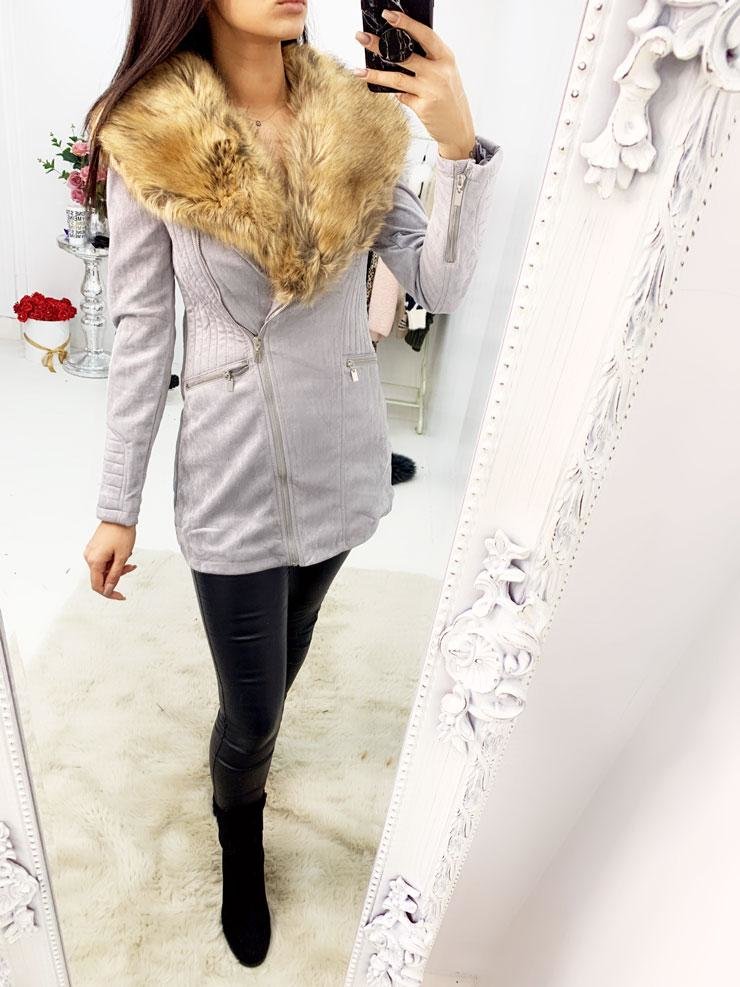 Dusty Grey Faux Fur Faux Suedette Biker Jacket