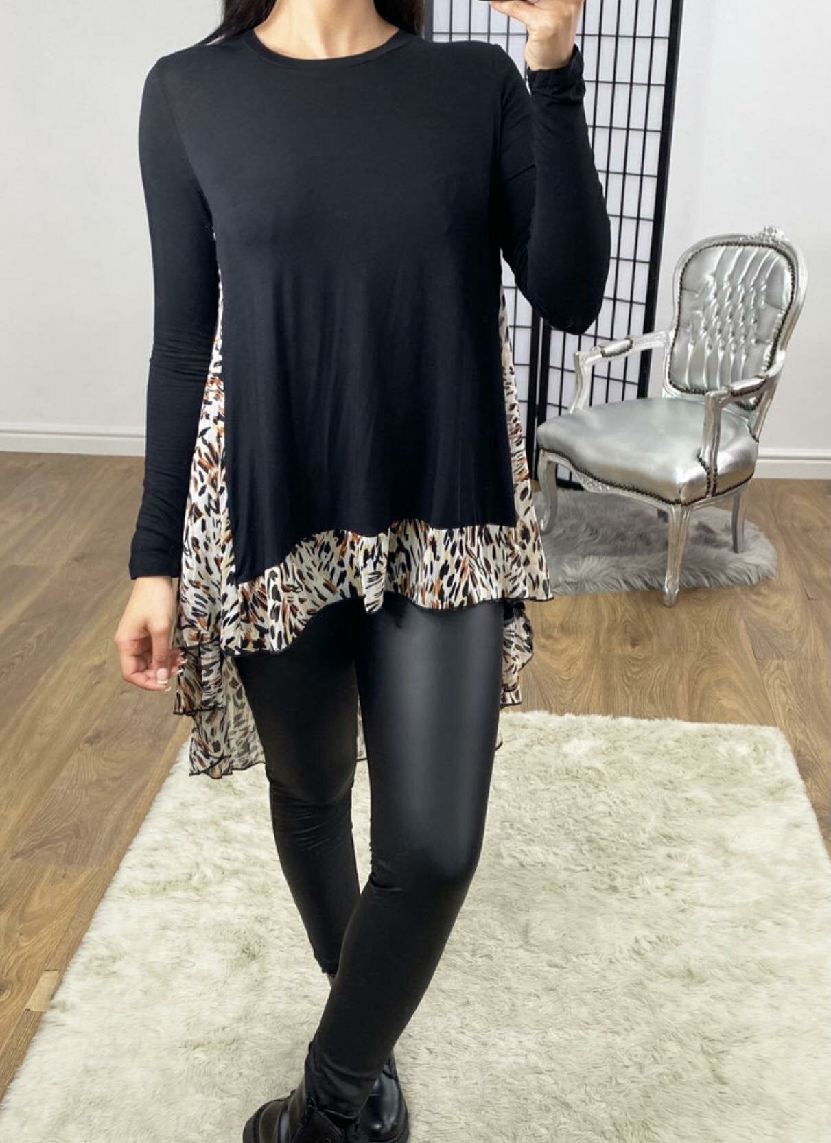 Madhie Animal Print Chiffon Back Detailed Dipped Hem Top