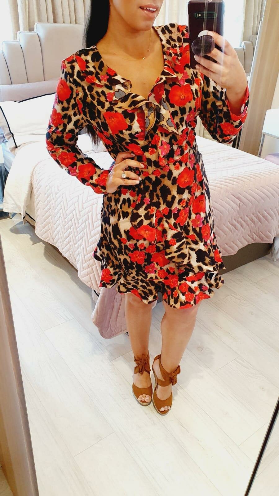 Kermia Leopard Flower Ruffle Wrap Dress
