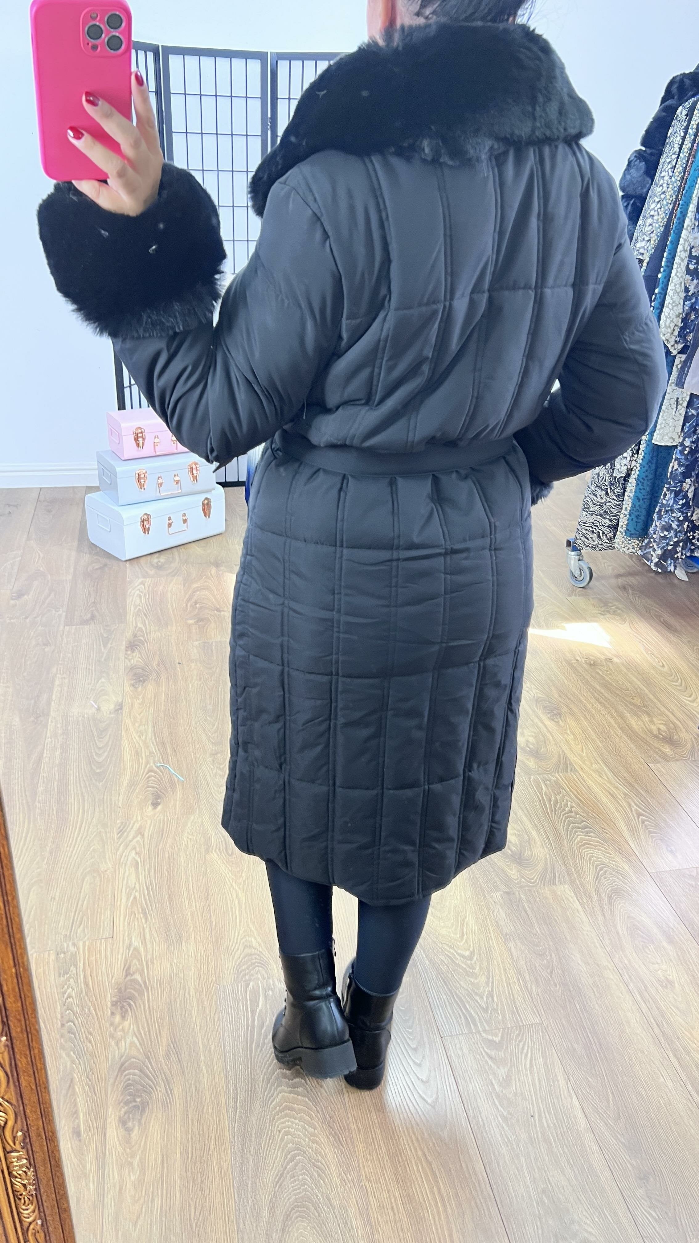 Elexi Black Faux Fur Detail Padded Coat