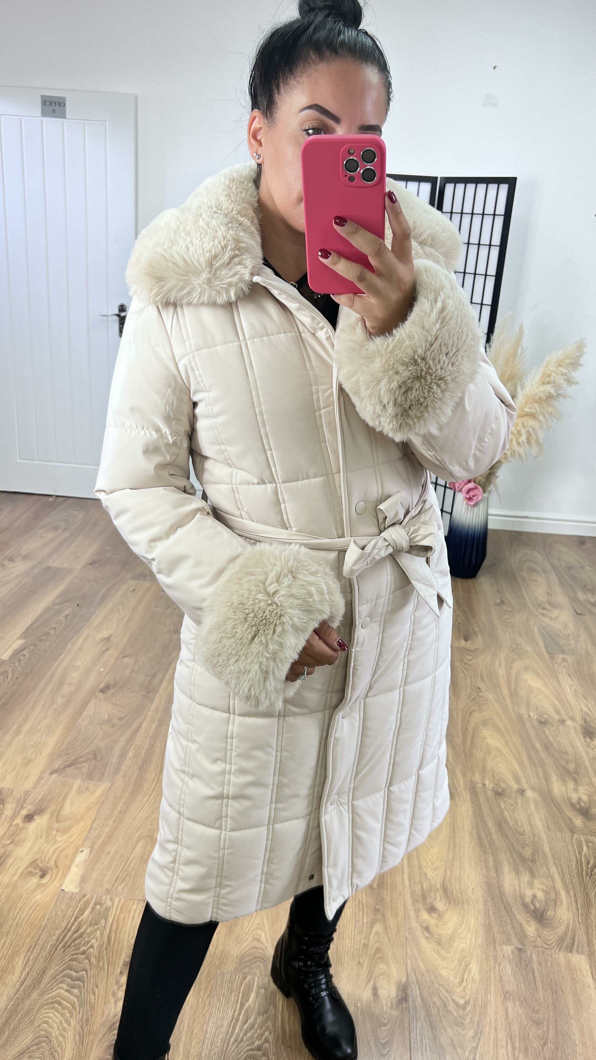 Elexi Beige Faux Fur Detail Padded Coat