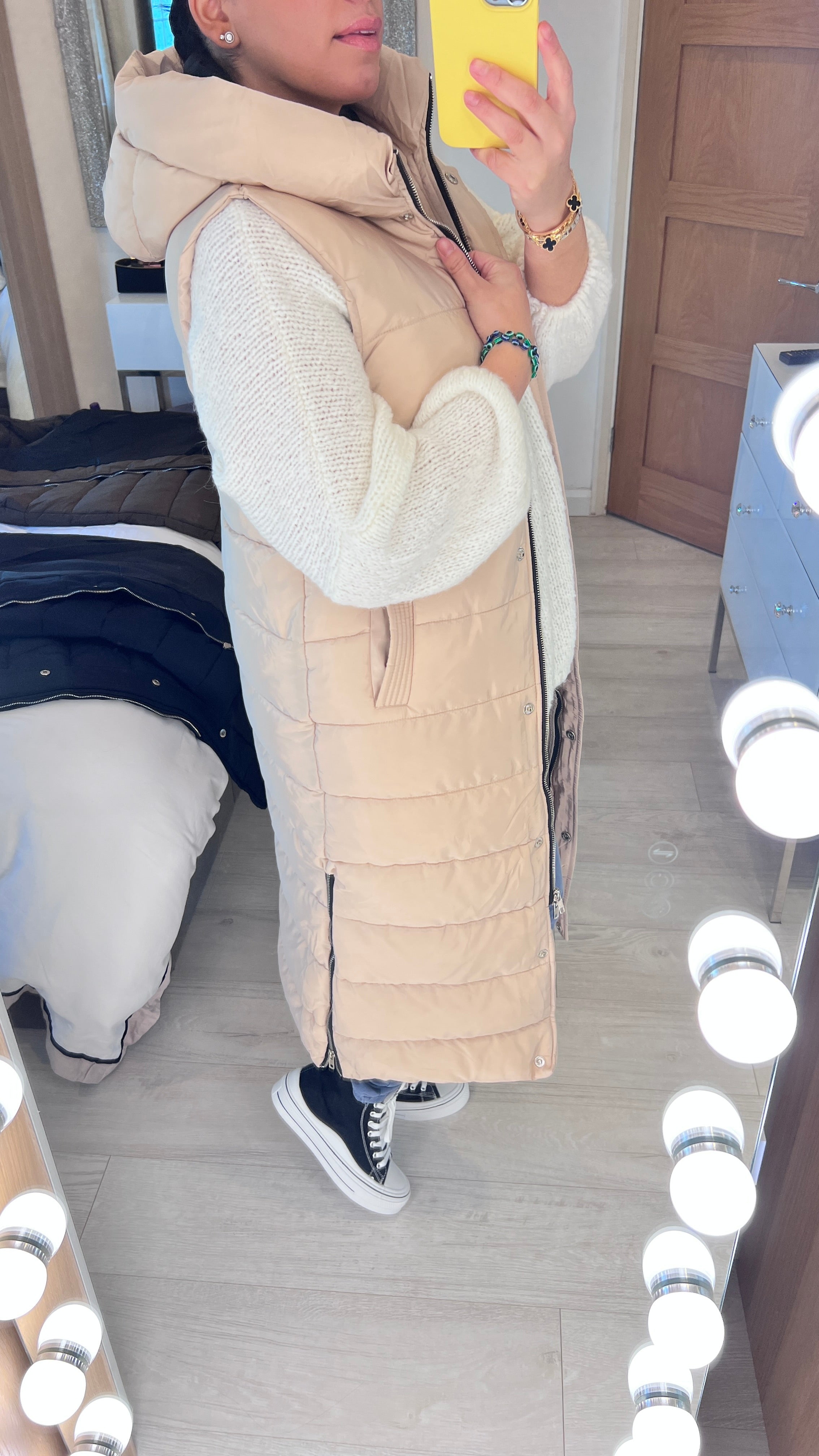 Ellison Beige Hooded Longline Puffer Gilet
