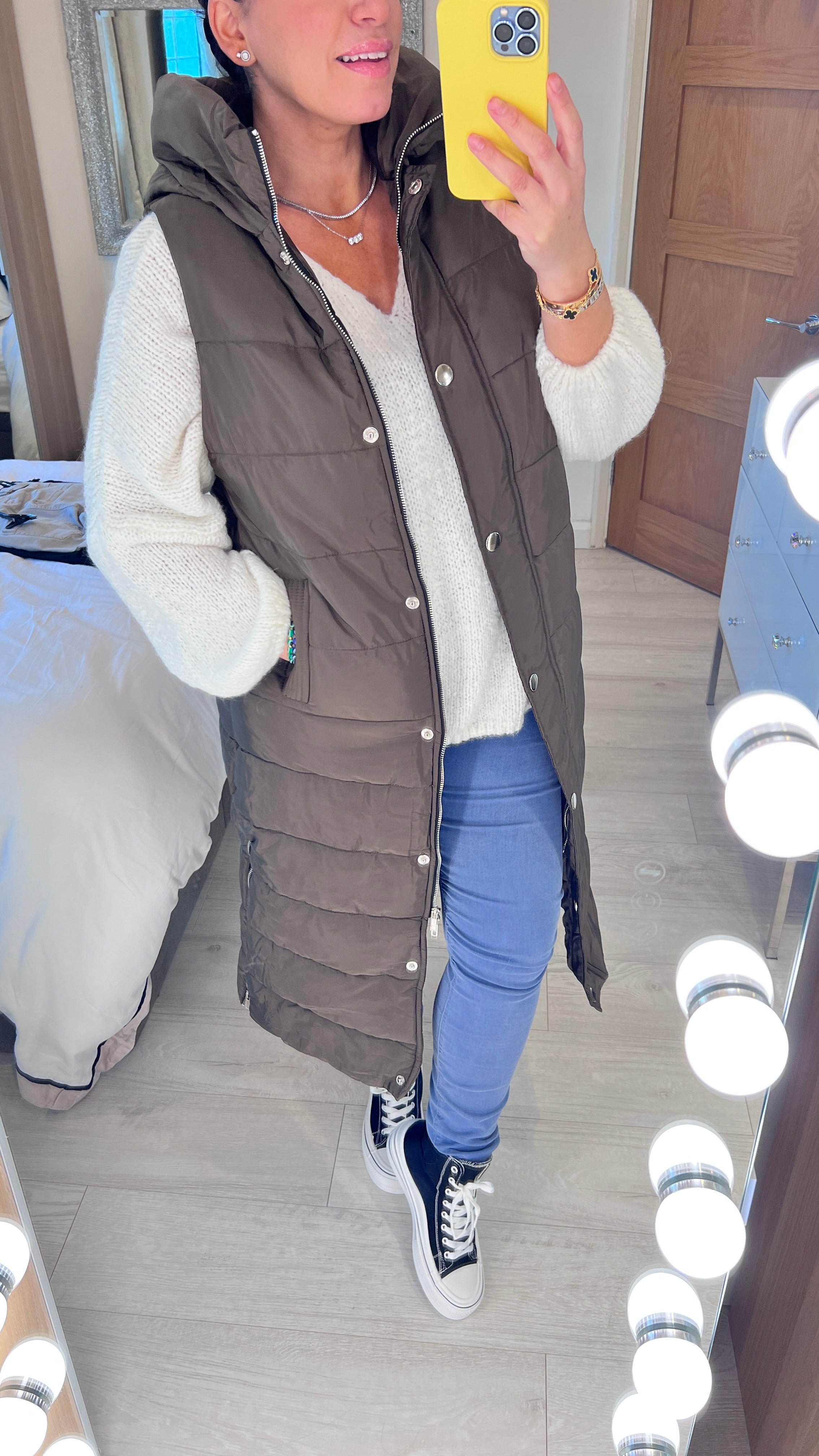 Ellison Khaki Hooded Longline Puffer Gilet