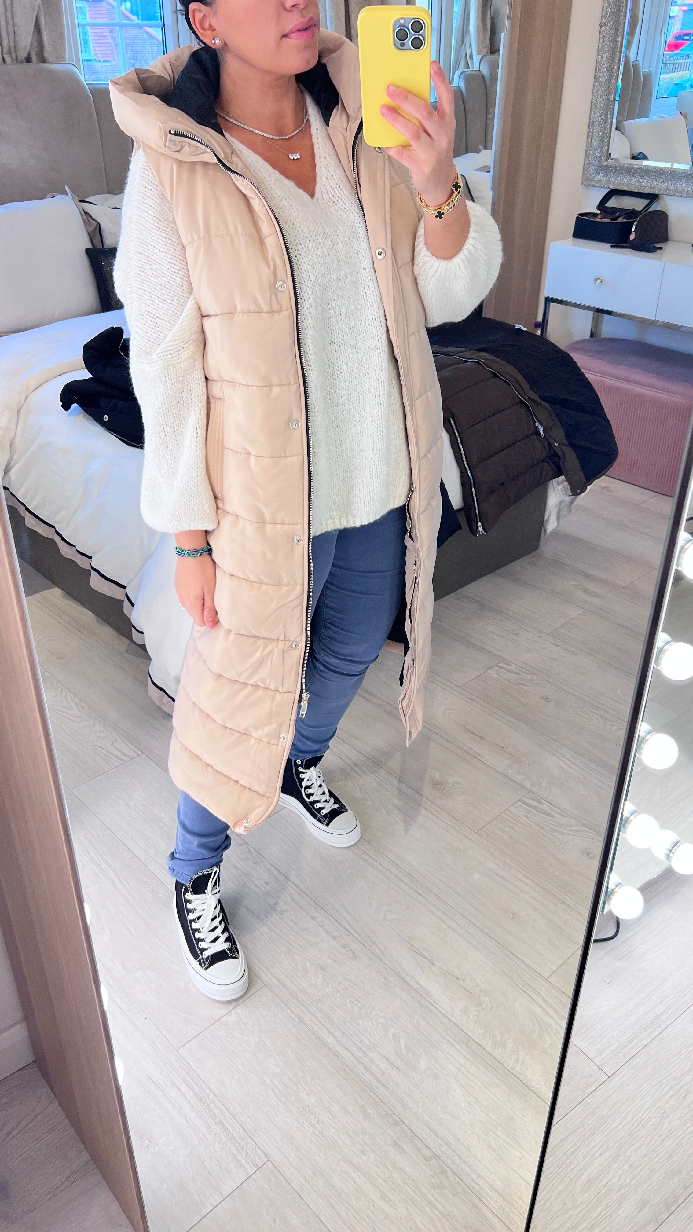 Ellison Beige Hooded Longline Puffer Gilet