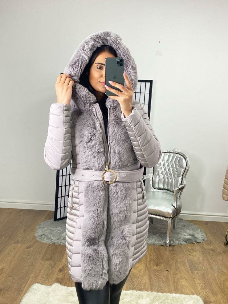 Elvire Light Grey Faux Fur Hooded Wet Look Padded Coat