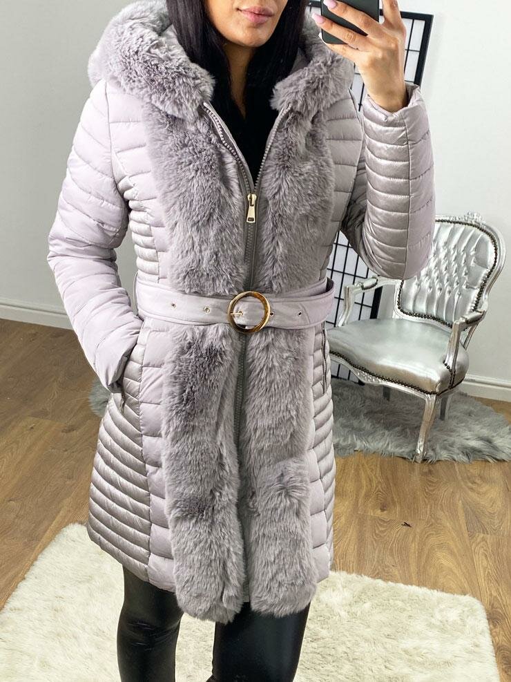 Elvire Light Grey Faux Fur Hooded Wet Look Padded Coat