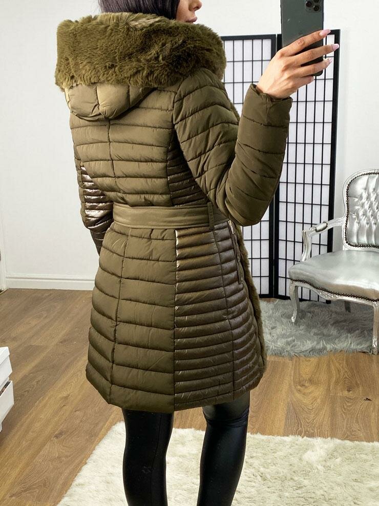 Elvire Khaki Faux Fur Hooded Wet Look Padded Coat