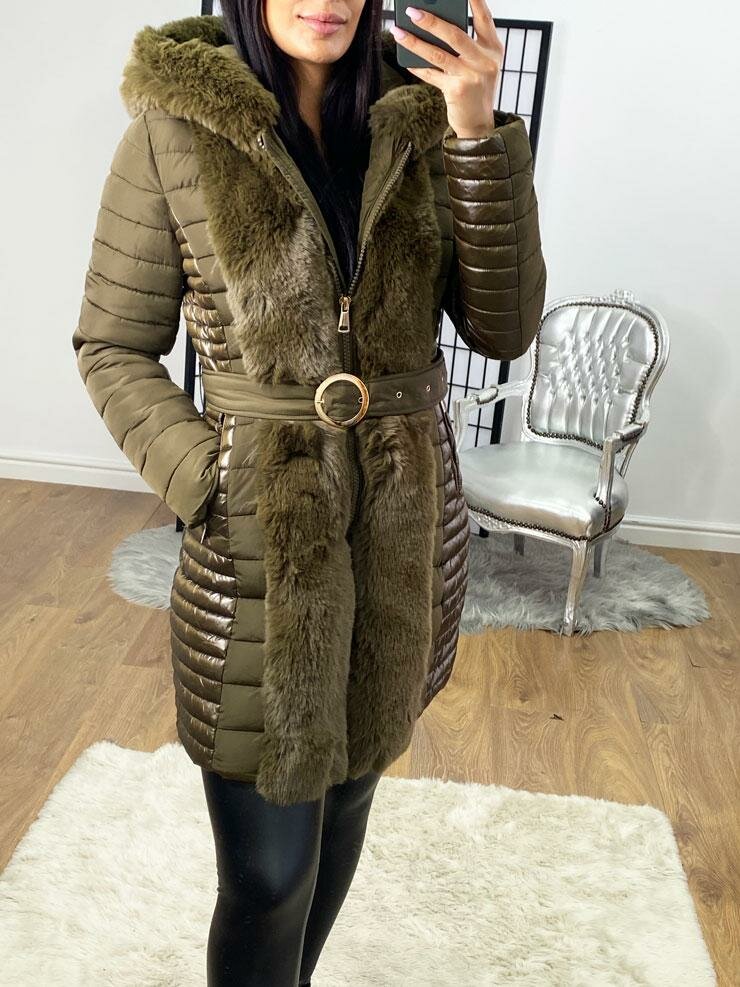 Elvire Khaki Faux Fur Hooded Wet Look Padded Coat
