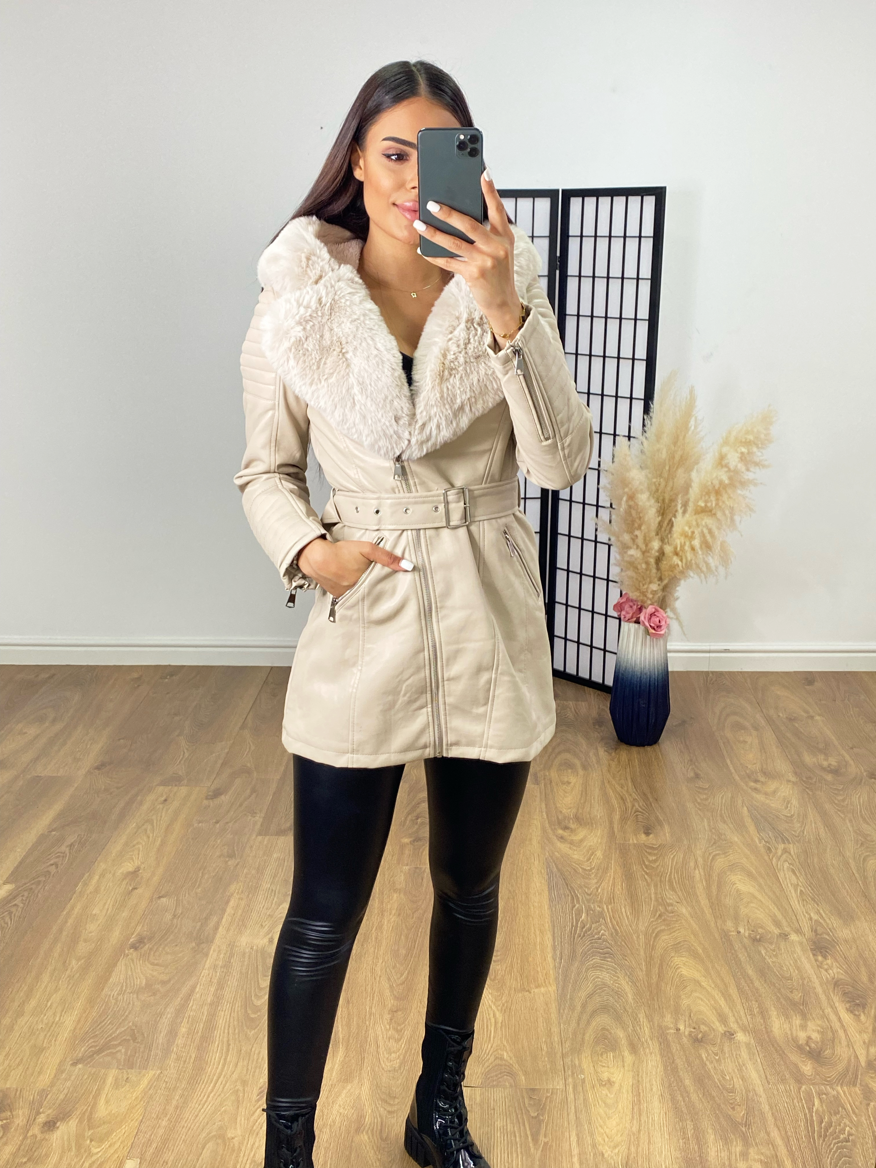 Erin Beige Faux Leather Belted Jacket