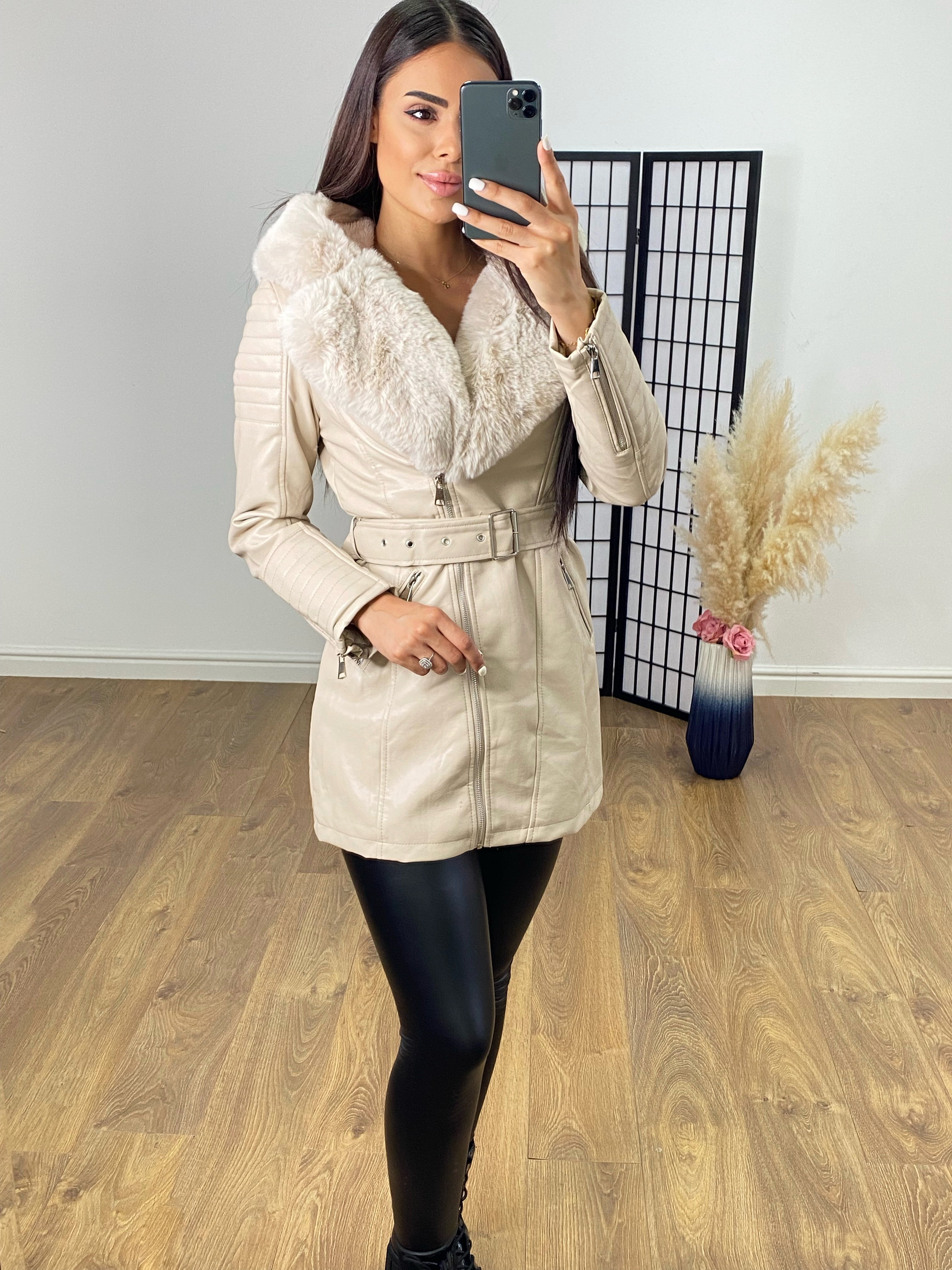 Erin Beige Faux Leather Belted Jacket
