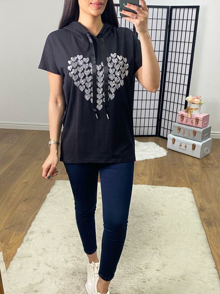 Farris Multi Silver Diamante Heart Hooded Top