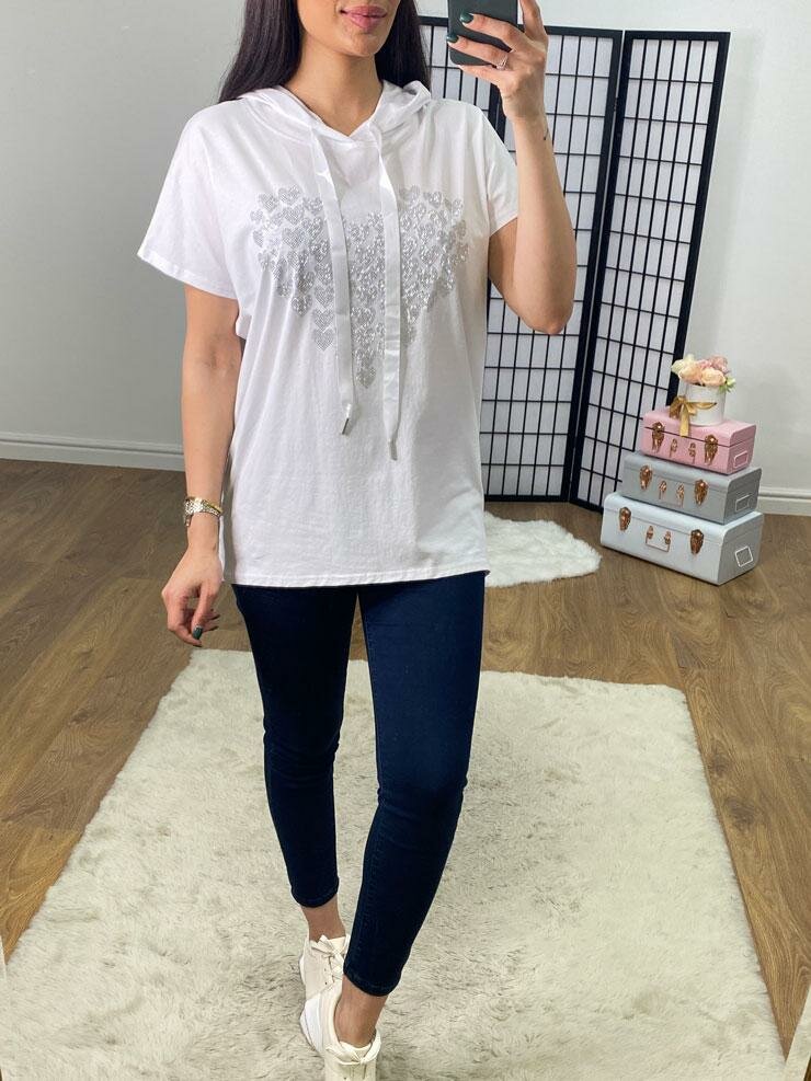 Farris Multi Silver Diamante Heart Hooded Top