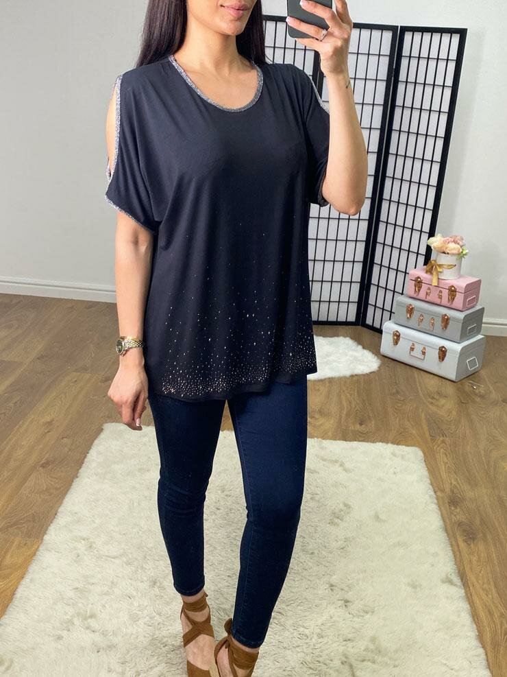 Fenton Cold Shoulder Lurex Edge Diamante Top