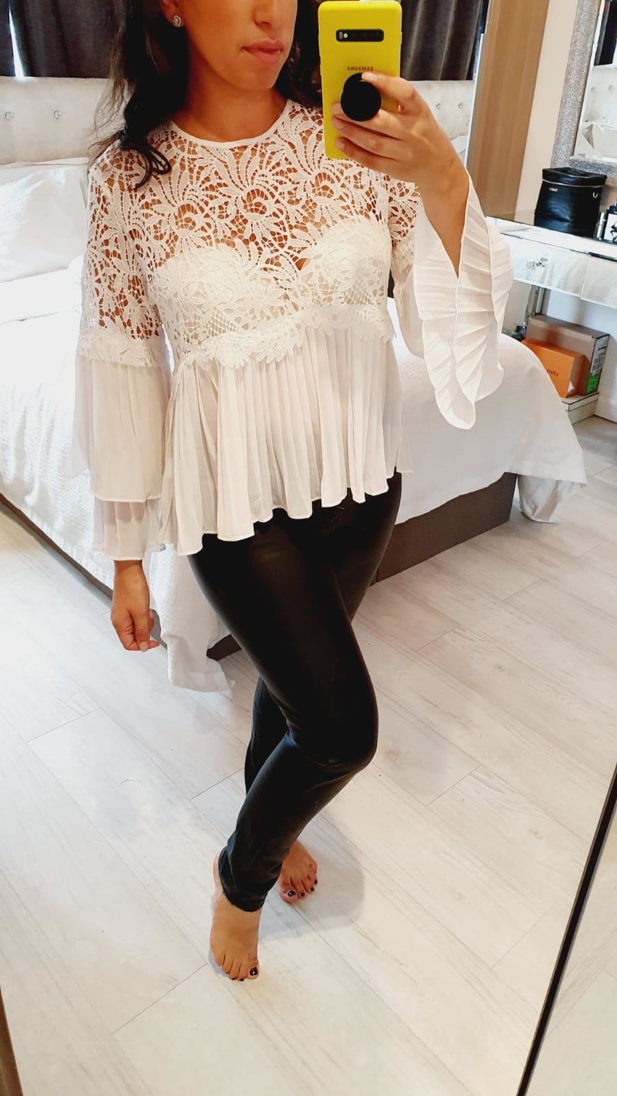 Nicole Crochet Pleated Flared Sleeve Loose Fit Blouse