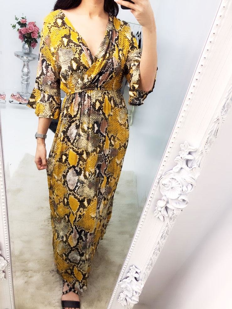 Figi Snake Print Wrap V-neck Flowy Maxi Dress