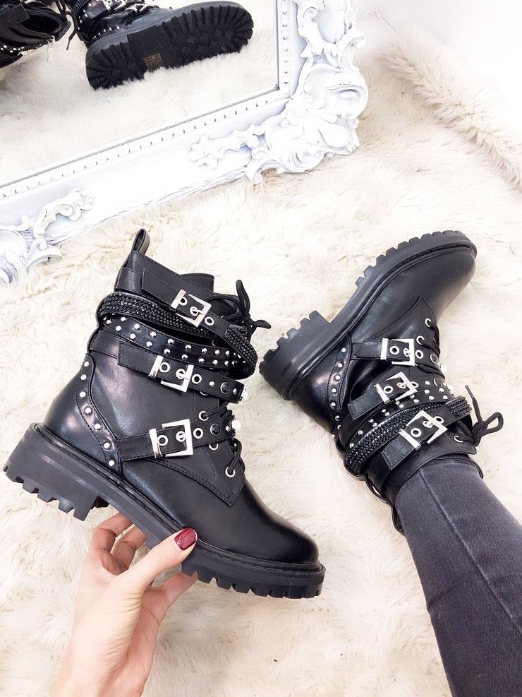 Floyd Black Studded Faux Leather Strappy Biker Boots