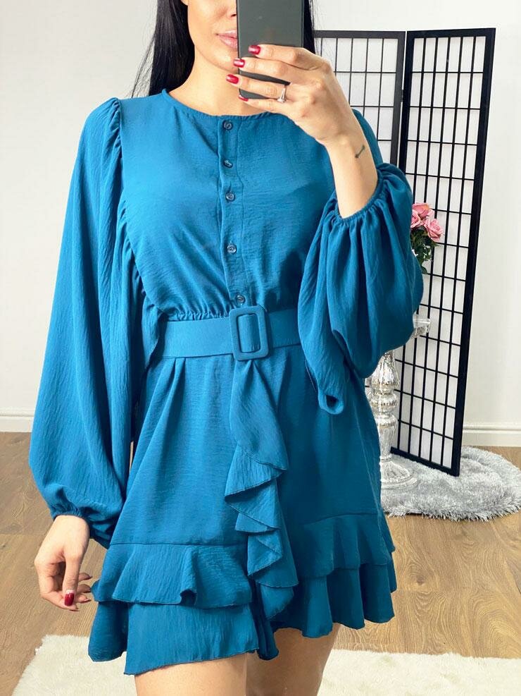 Fonda Ruffle Belt Detailed Chiffon Bell Sleeve Swing Dress