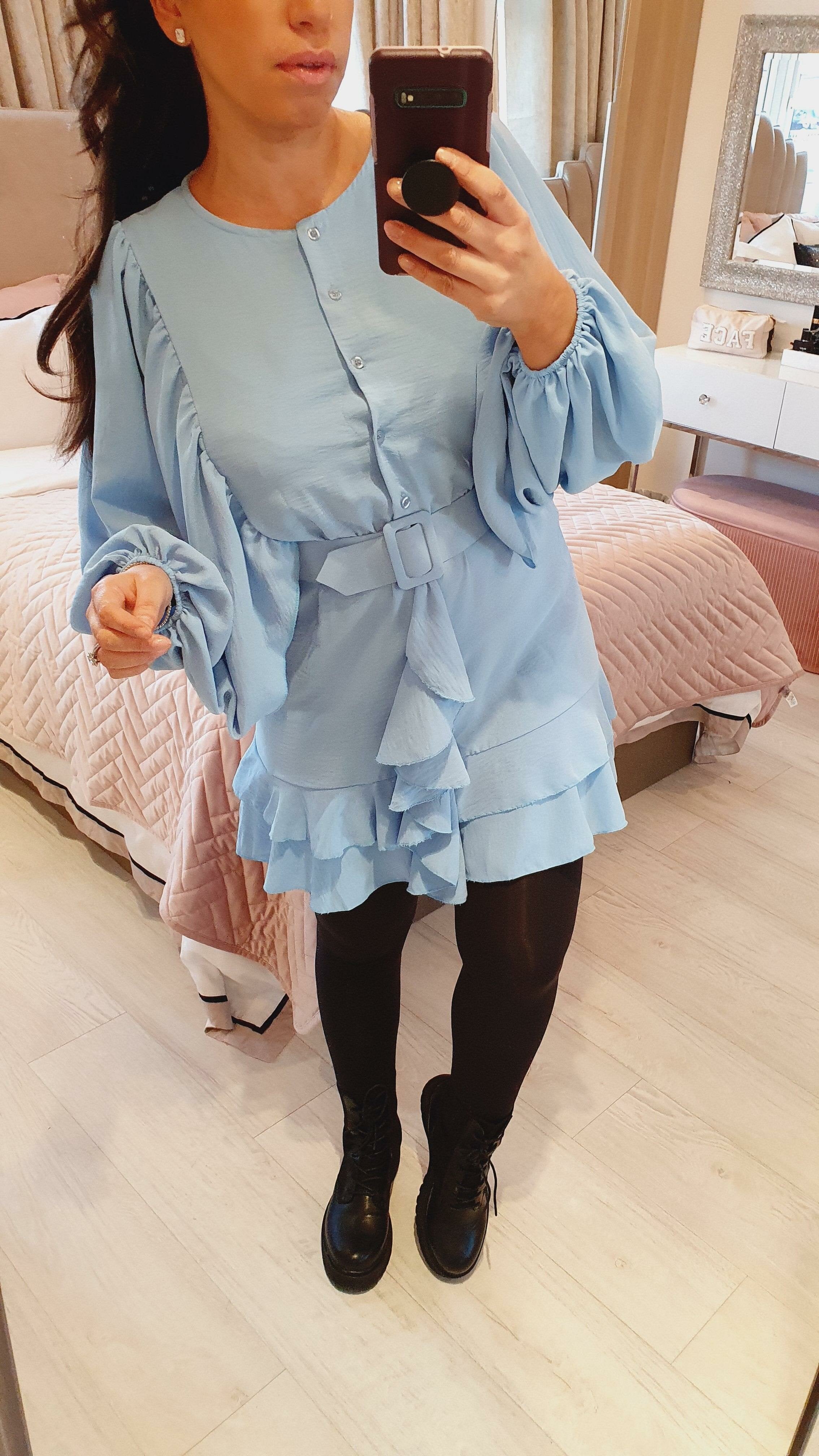 Fonda Ruffle Belt Detailed Chiffon Bell Sleeve Swing Dress