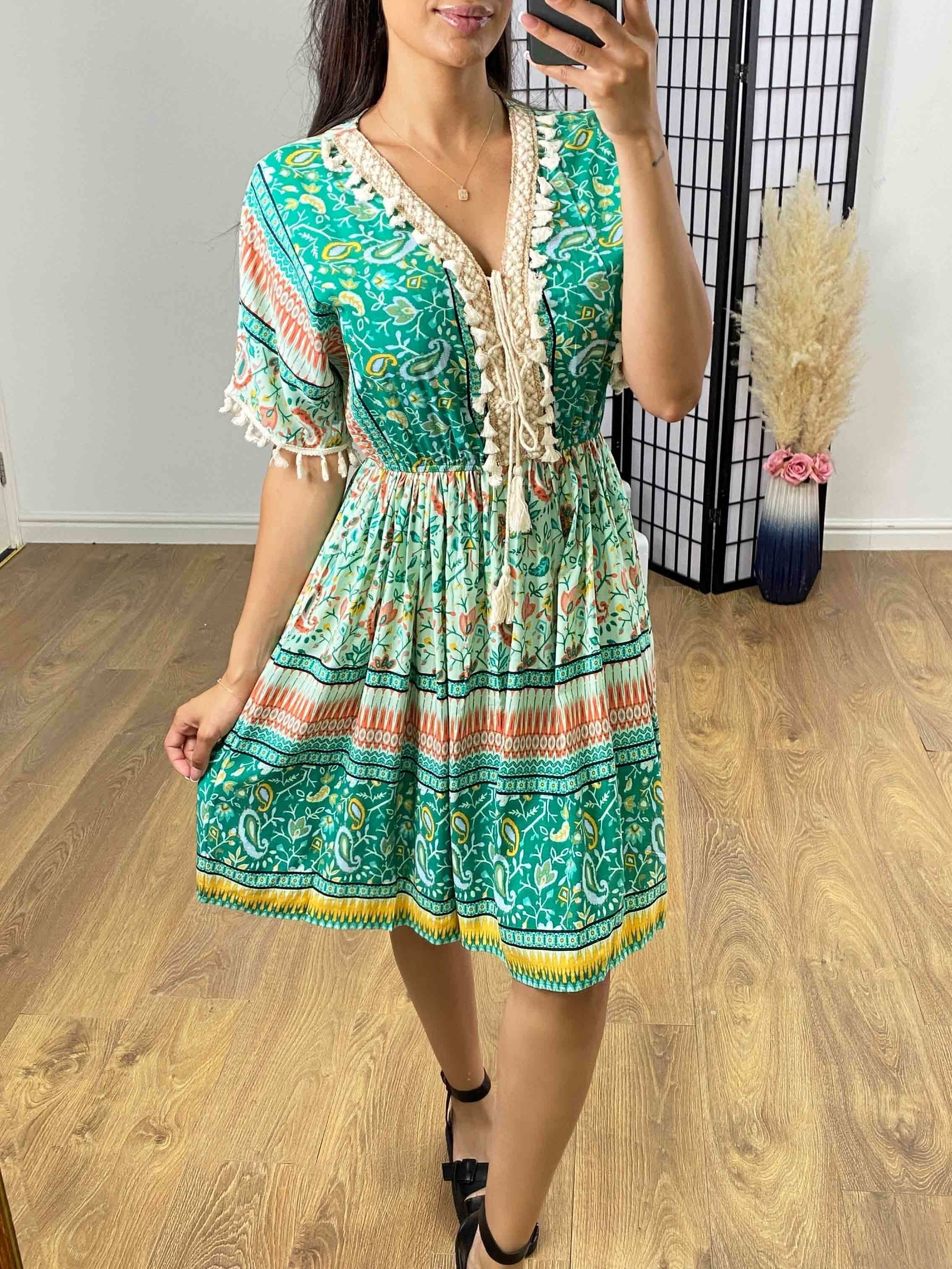 Garth Mint Paisley Print Tassel Detail Kaftan Dress
