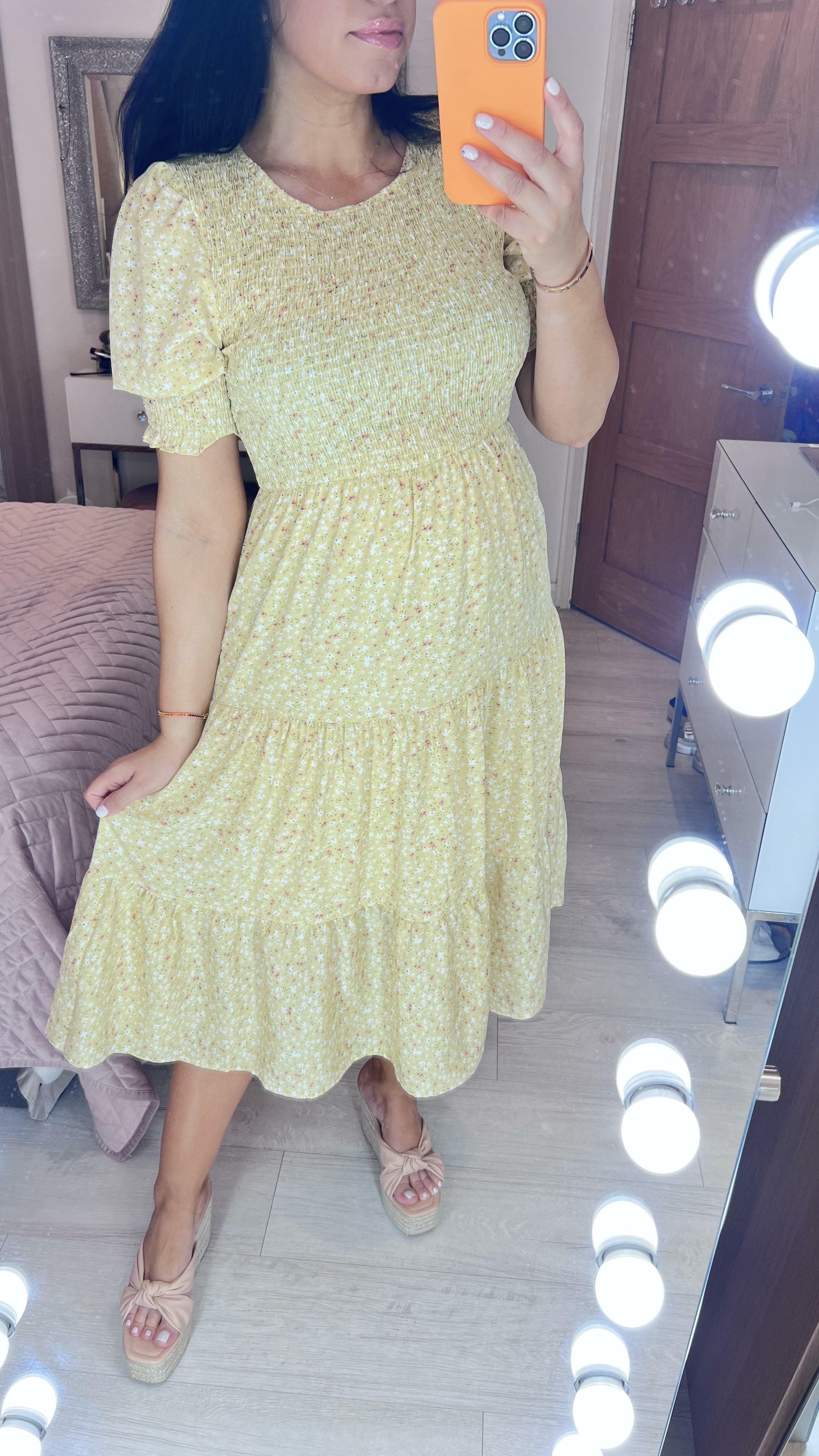 Genny Yellow Ditsy Floral Print Shirred Smock Dress