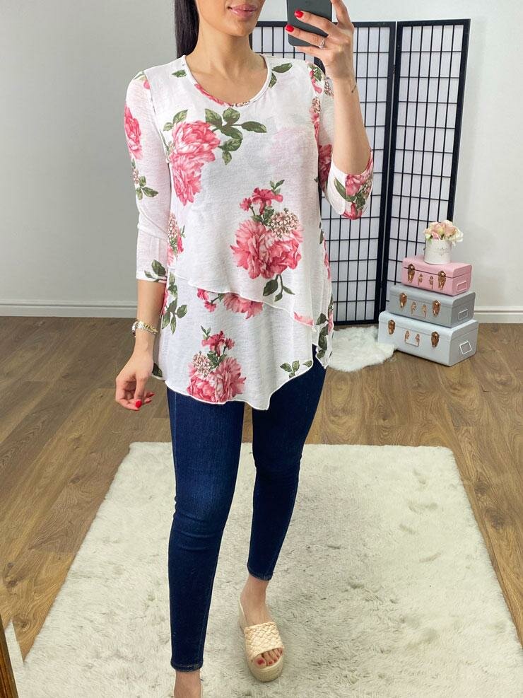 Gita Floral Asymmetric Hem Fine Knit Jumper