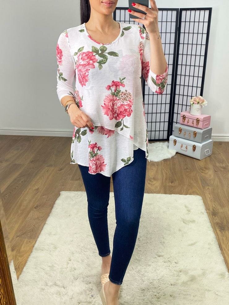 Gita Floral Asymmetric Hem Fine Knit Jumper