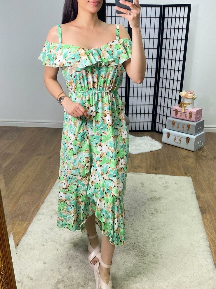 Hancie Floral Print Frill Bardot Strap Dress