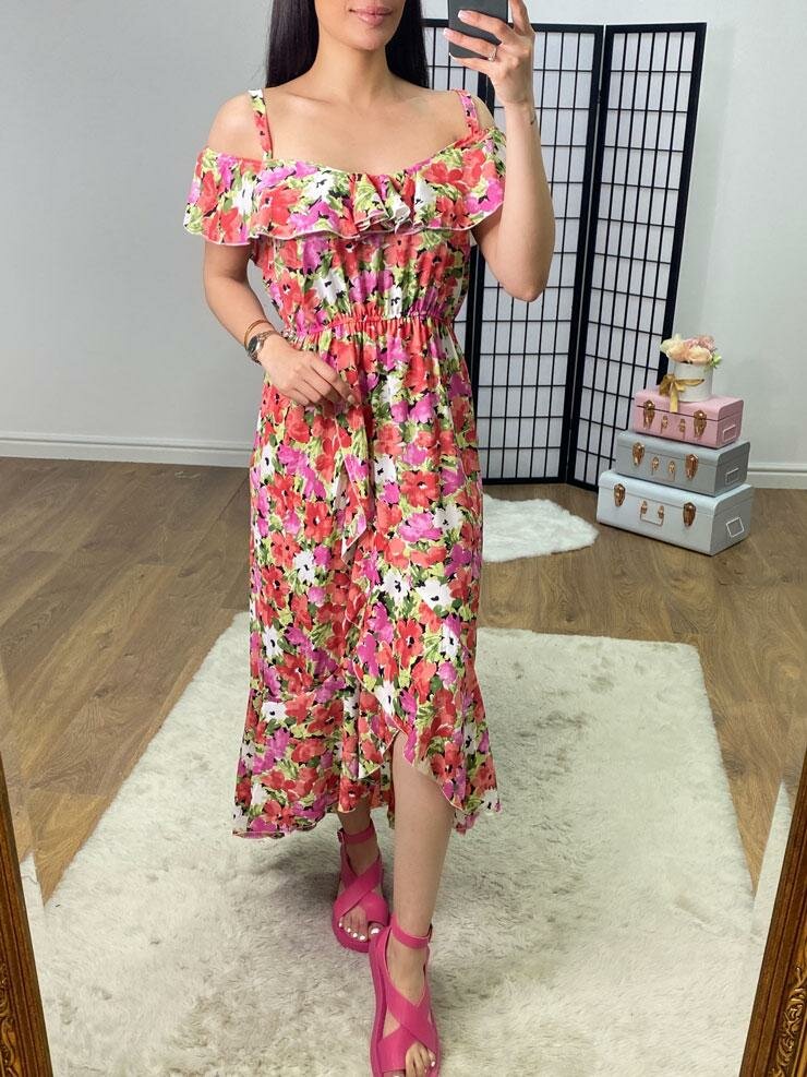 Hancie Floral Print Frill Bardot Strap Dress