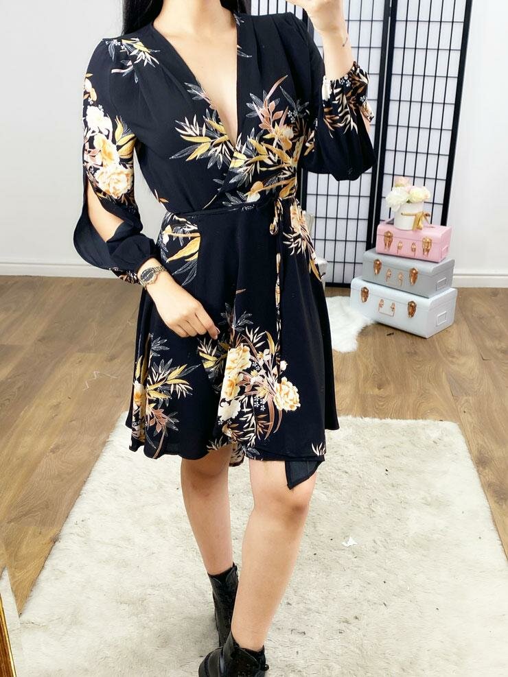 Harlie Black Floral Dipped Hem Wrap Swing Dress