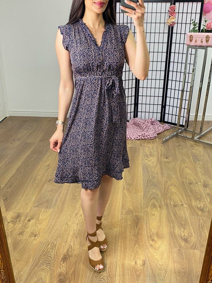 Heather Navy Speckled Print Frill Hem Dress